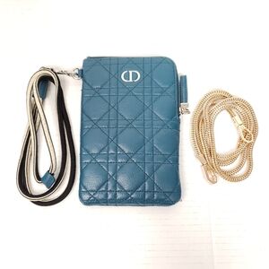Authentic Christian Dior Blue Quilted Leather Wristlet Crossbody Bag